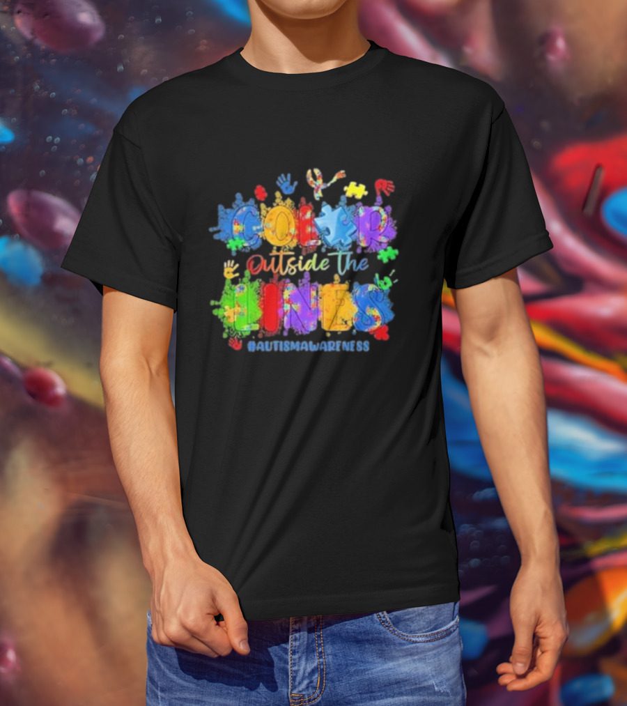 Color Outside The Lines Autism Awareness Puzzle Ribbon Hands #AutismAwareness T-Shirt