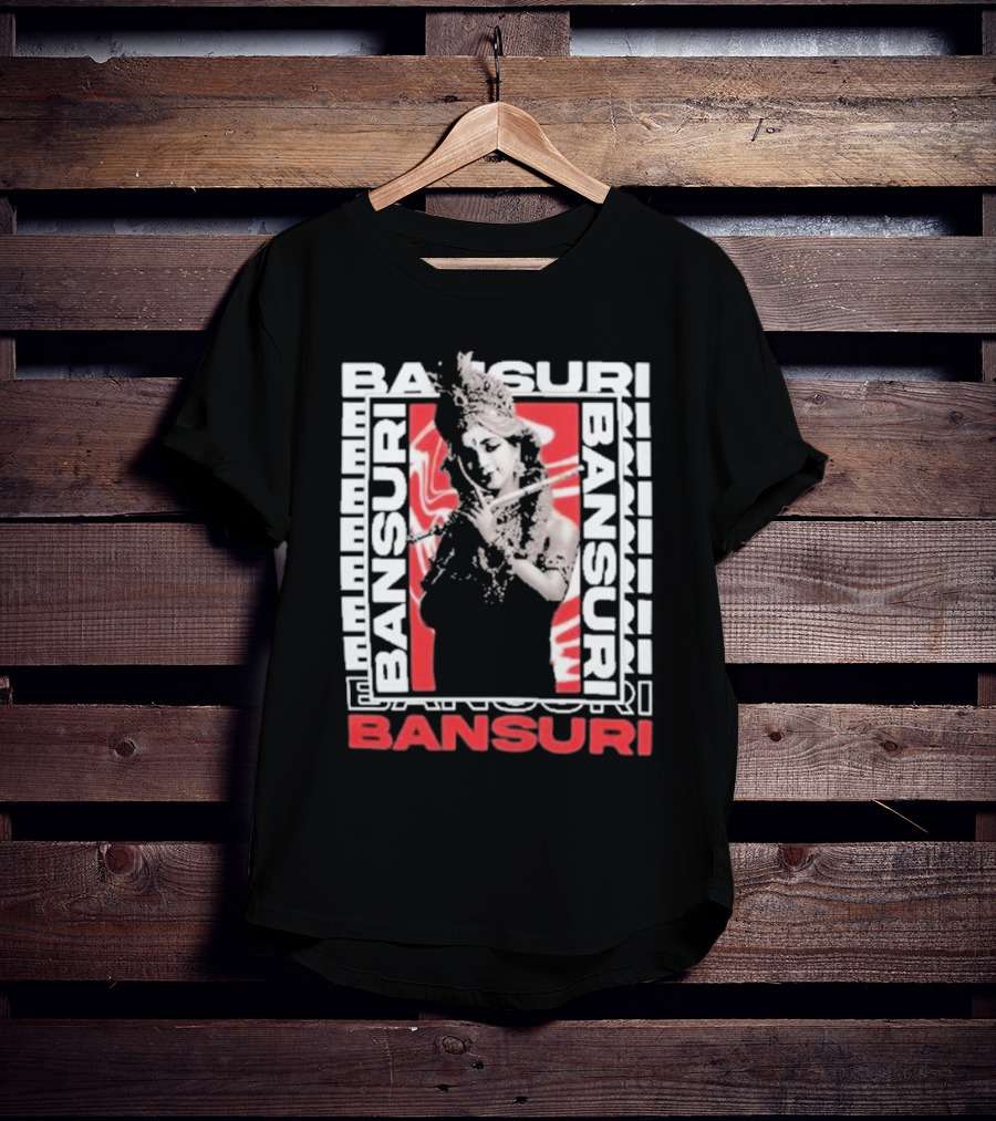 Bansuri Beautiful Girl With Flute Elegantly Framed In Red And White T-Shirt