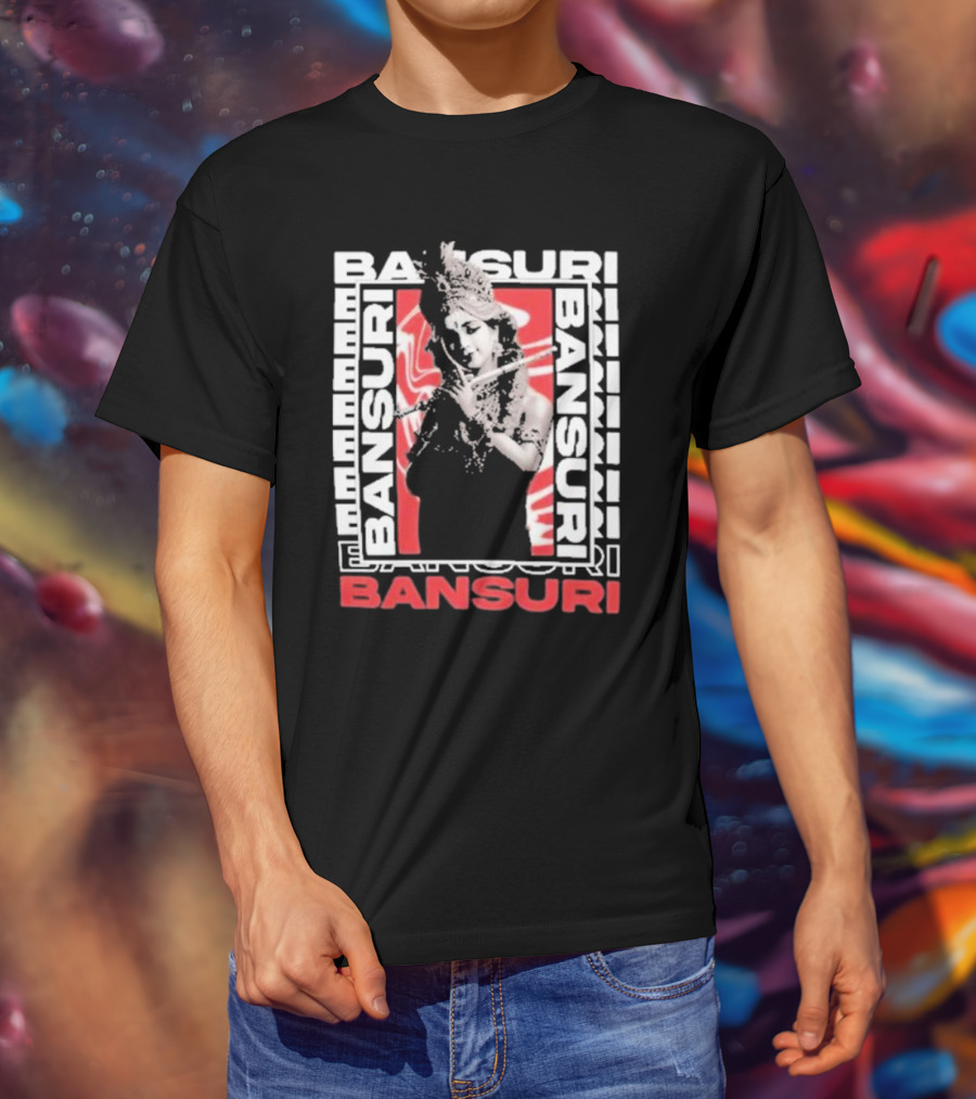 Bansuri Beautiful Girl With Flute Elegantly Framed In Red And White T-Shirt