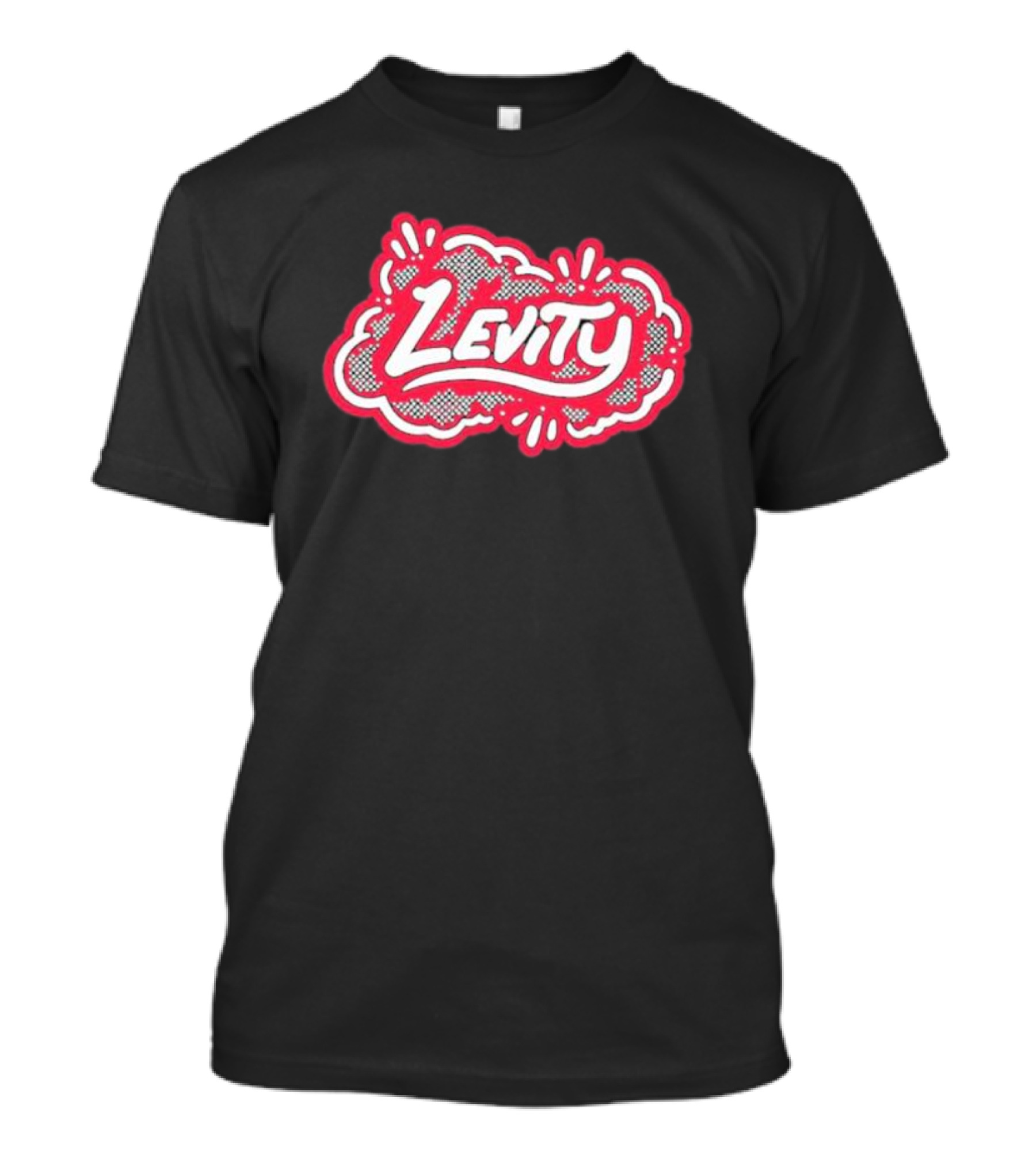 Levity Music Store Red And White Comic-Style Text On Black Cloud Background T-Shirt