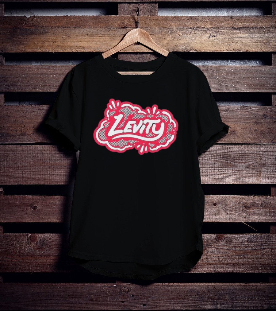 Levity Music Store Red And White Comic-Style Text On Black Cloud Background T-Shirt