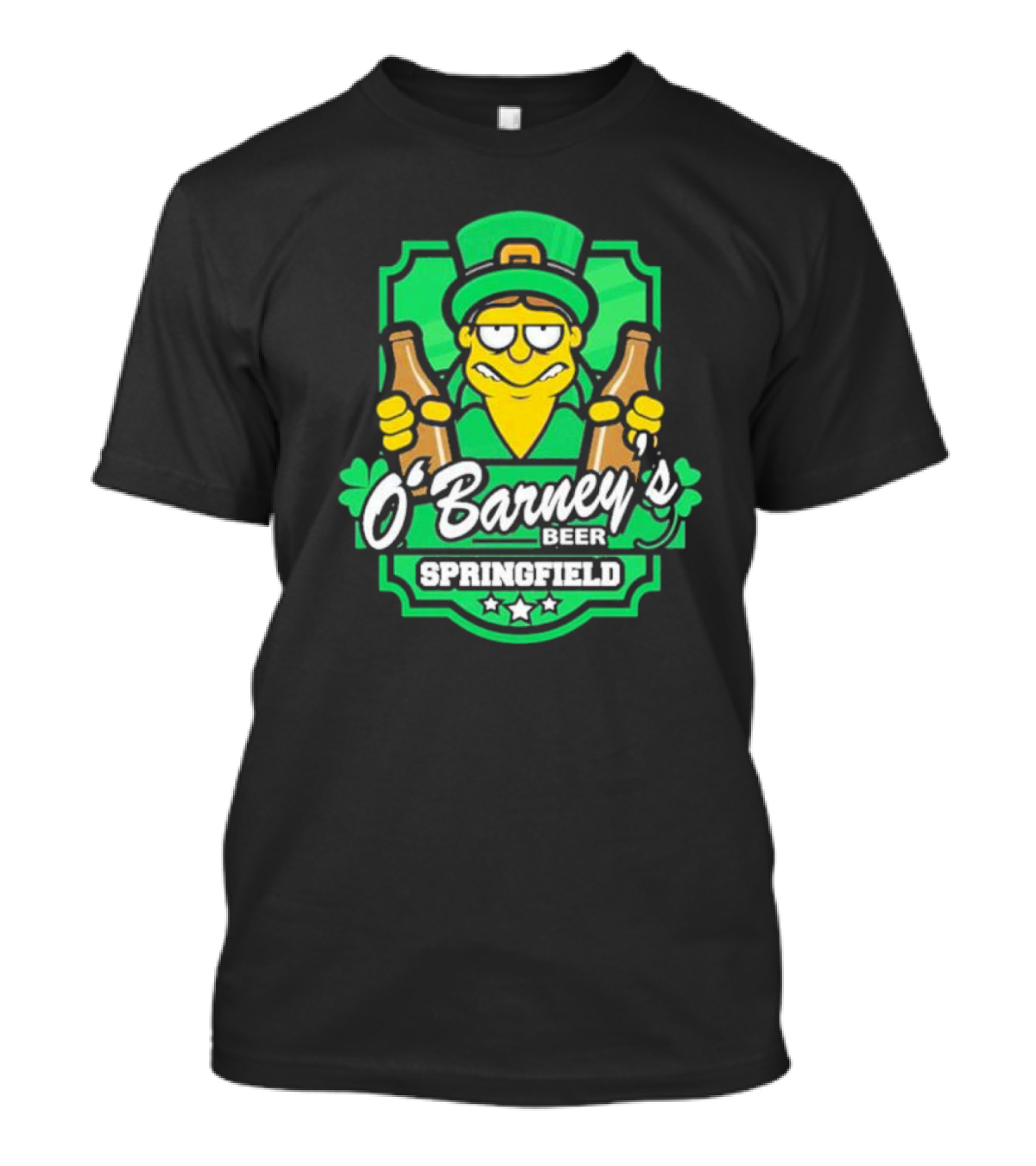 O’Barney’s Beer Springfield Leprechaun Holding Bottles Shamrock Badge T-Shirt