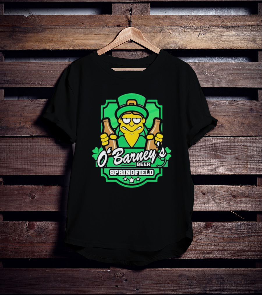 O’Barney’s Beer Springfield Leprechaun Holding Bottles Shamrock Badge T-Shirt