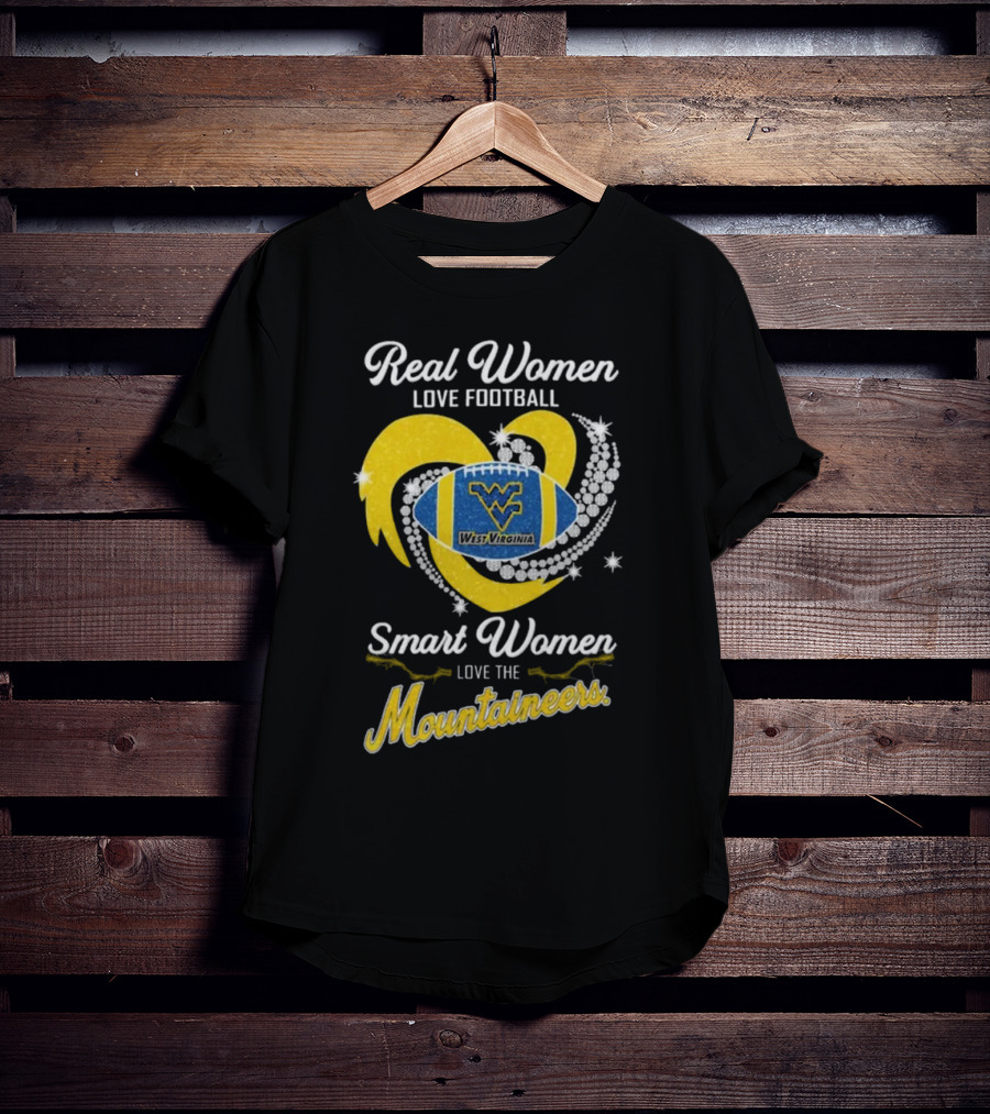 Real Women Love Football Smart Women Love West Virginia Mountaineers Diamond Heart Football T-Shirt