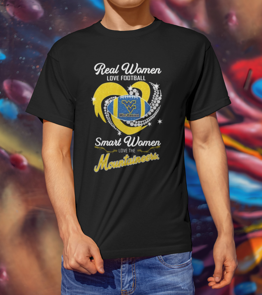 Real Women Love Football Smart Women Love West Virginia Mountaineers Diamond Heart Football T-Shirt