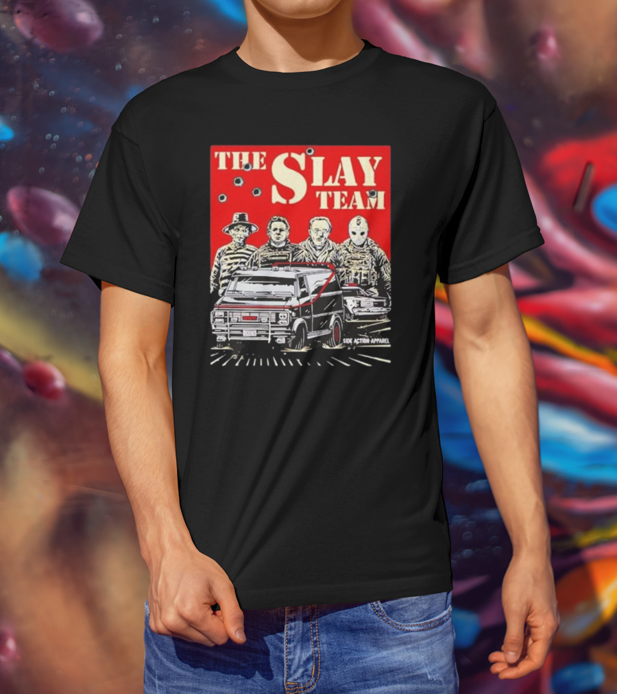 The Slay Team Horror Movies Characters Side Action T-Shirt
