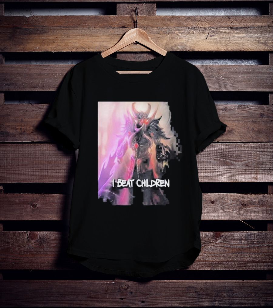 Kassadin I Beat Children Text Featuring Dark Mysterious Armored Character With Glowing Accents T-Shirt