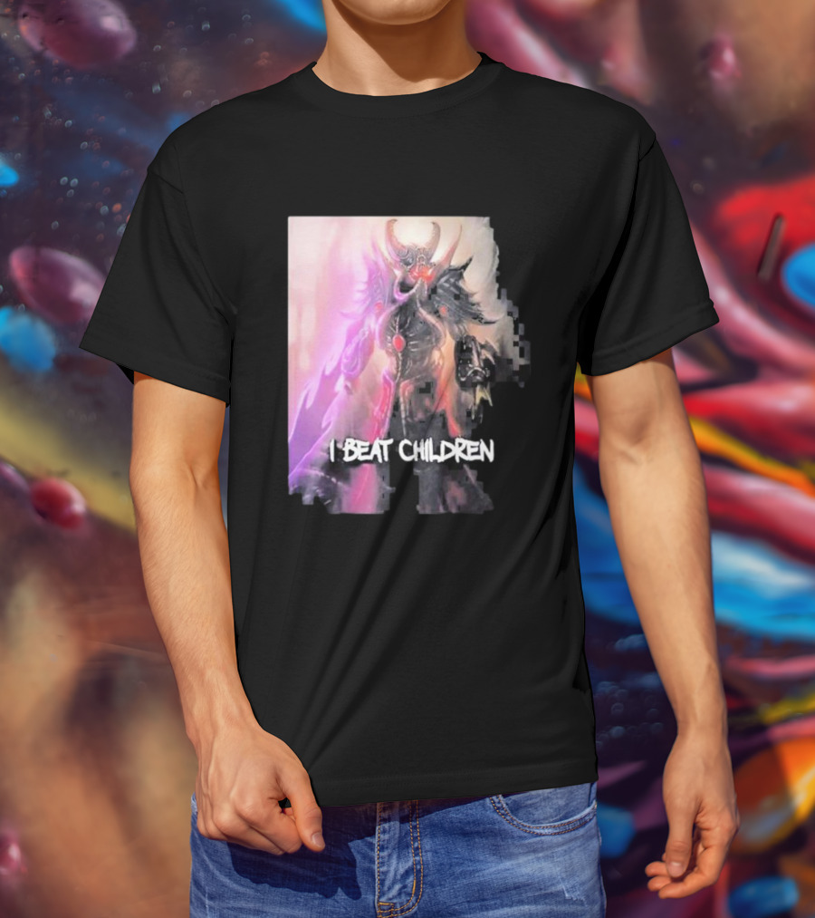 Kassadin I Beat Children Text Featuring Dark Mysterious Armored Character With Glowing Accents T-Shirt