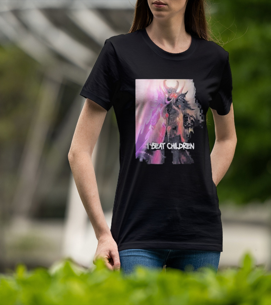 Kassadin I Beat Children Text Featuring Dark Mysterious Armored Character With Glowing Accents T-Shirt