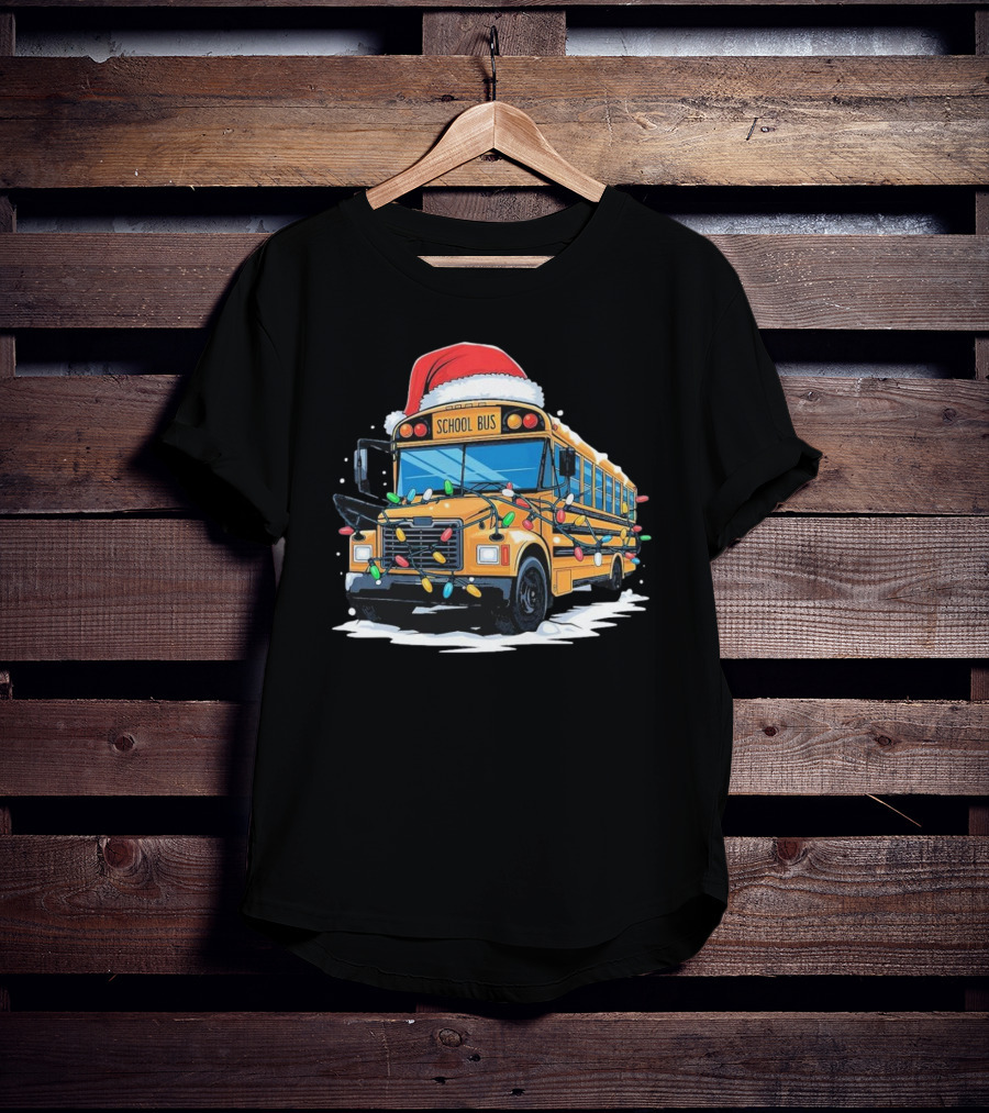 School Bus With Christmas Lights And Santa Hat Holiday Xmas T-Shirt