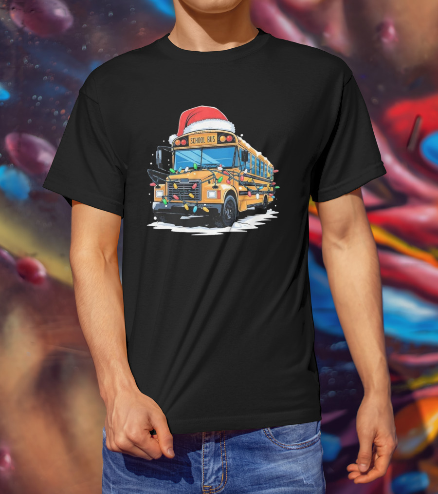 School Bus With Christmas Lights And Santa Hat Holiday Xmas T-Shirt