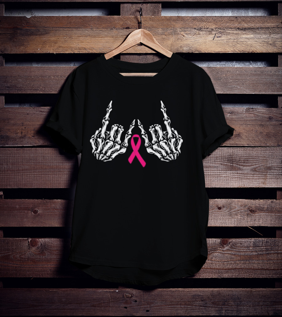 Skeleton Rock Hand Breast Cancer Awareness Pink T-Shirt