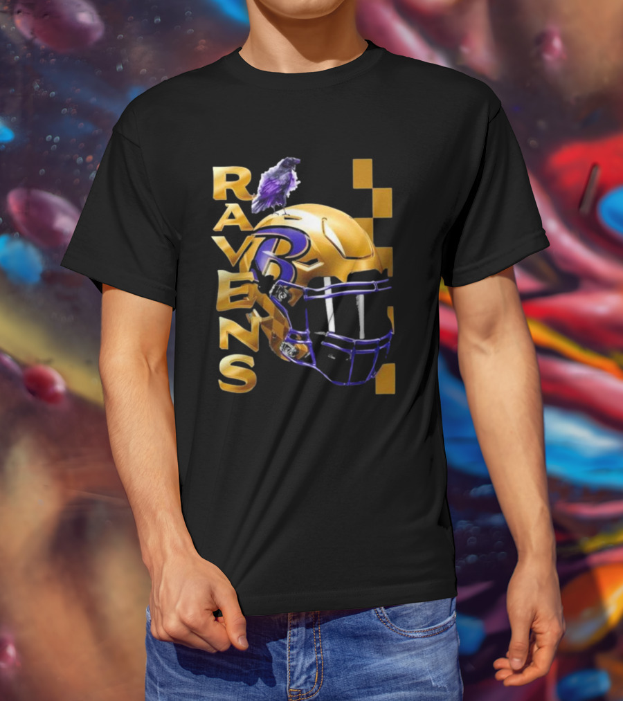 Ravens Gold Helmet With Purple B And Crow T-Shirt