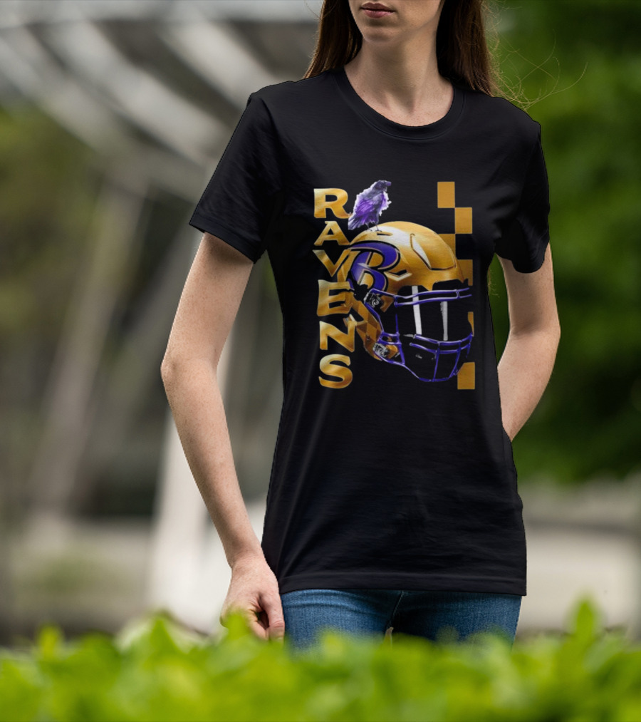 Ravens Gold Helmet With Purple B And Crow T-Shirt