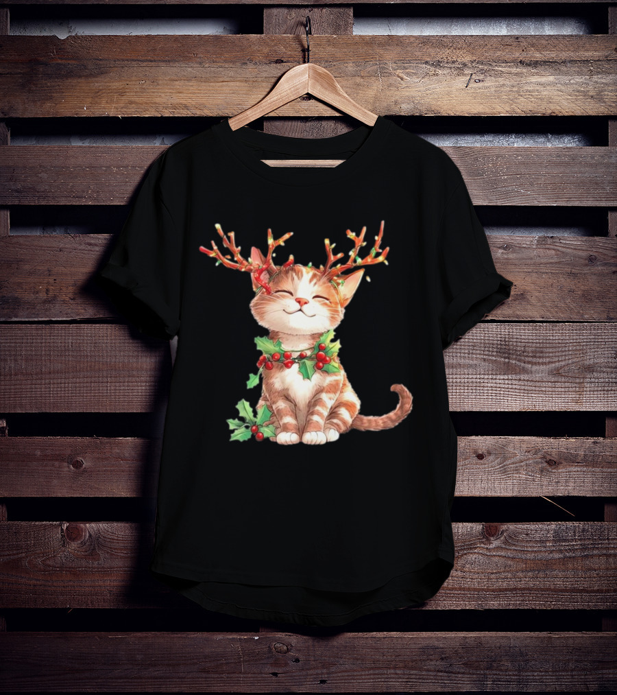 Cute Cat With Reindeer Antlers And Christmas Tree Lights T-Shirt