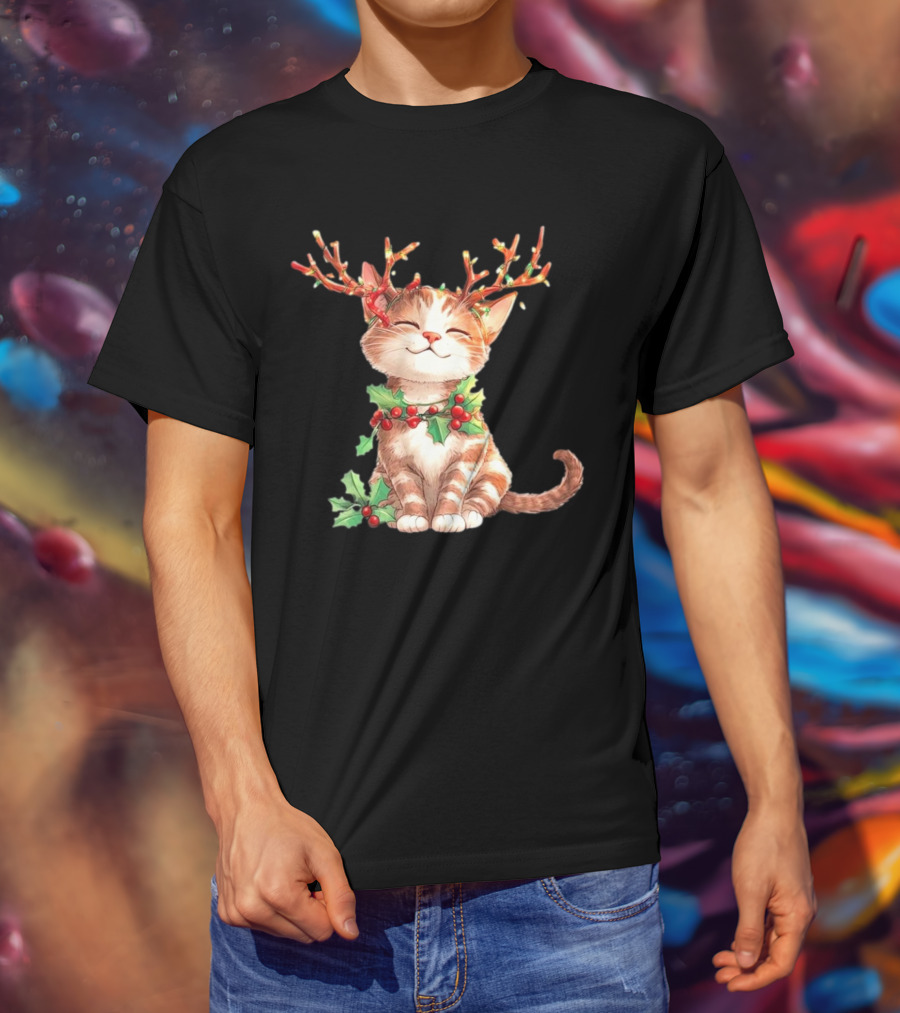 Cute Cat With Reindeer Antlers And Christmas Tree Lights T-Shirt