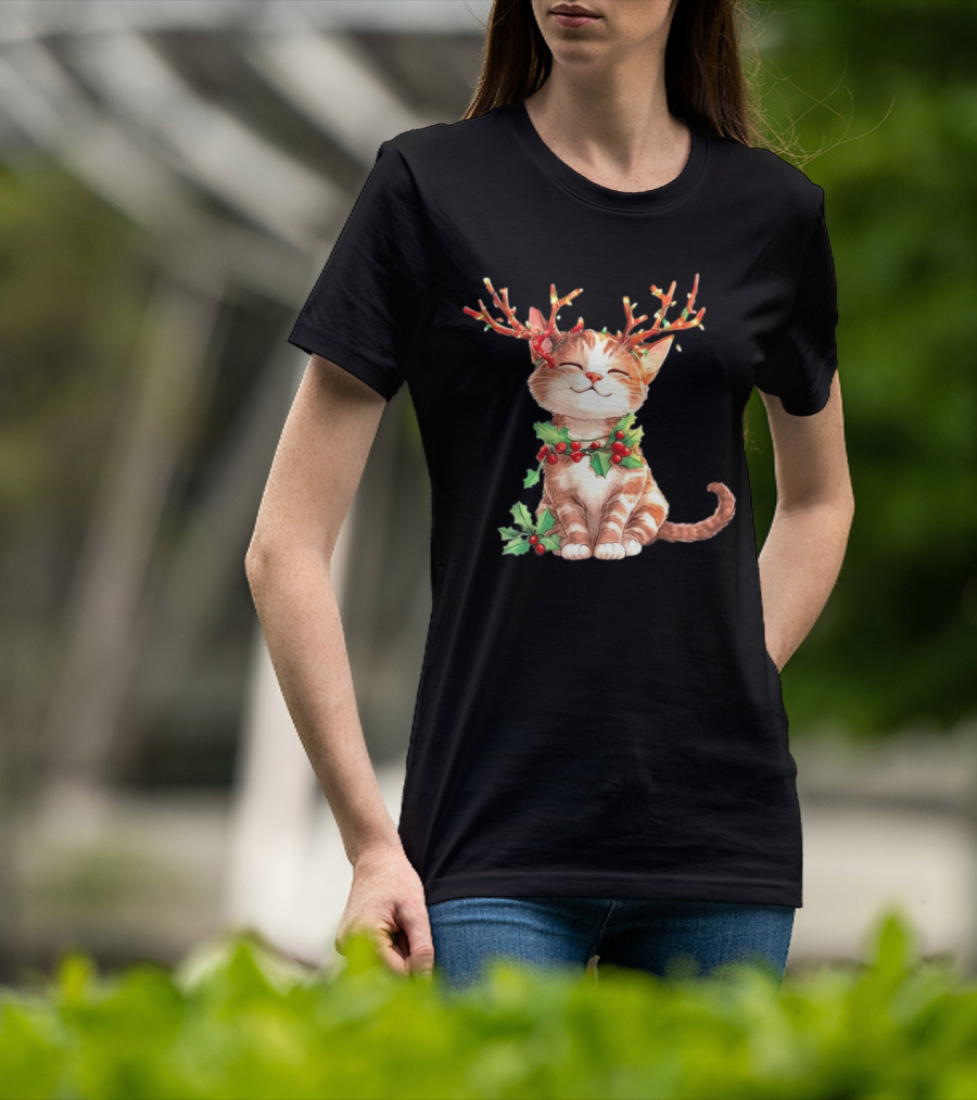 Cute Cat With Reindeer Antlers And Christmas Tree Lights T-Shirt