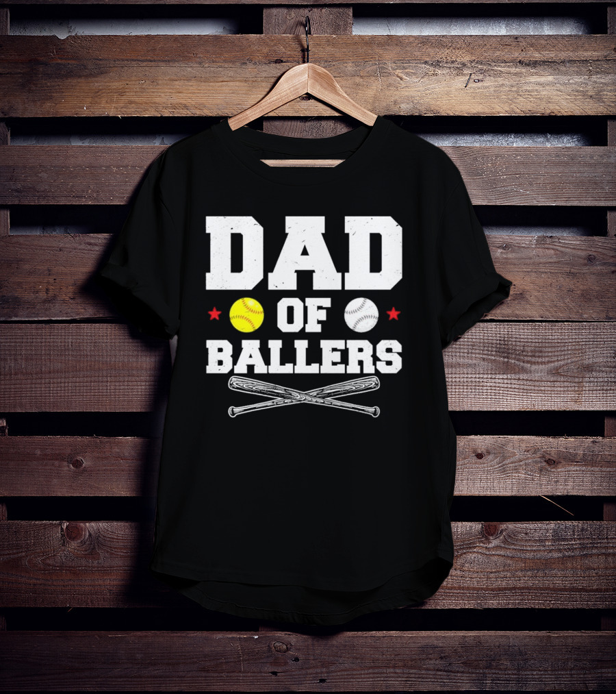 Dad Of Ballers Baseball Softball Crossed Bats Yellow White Balls Red Stars T-Shirt