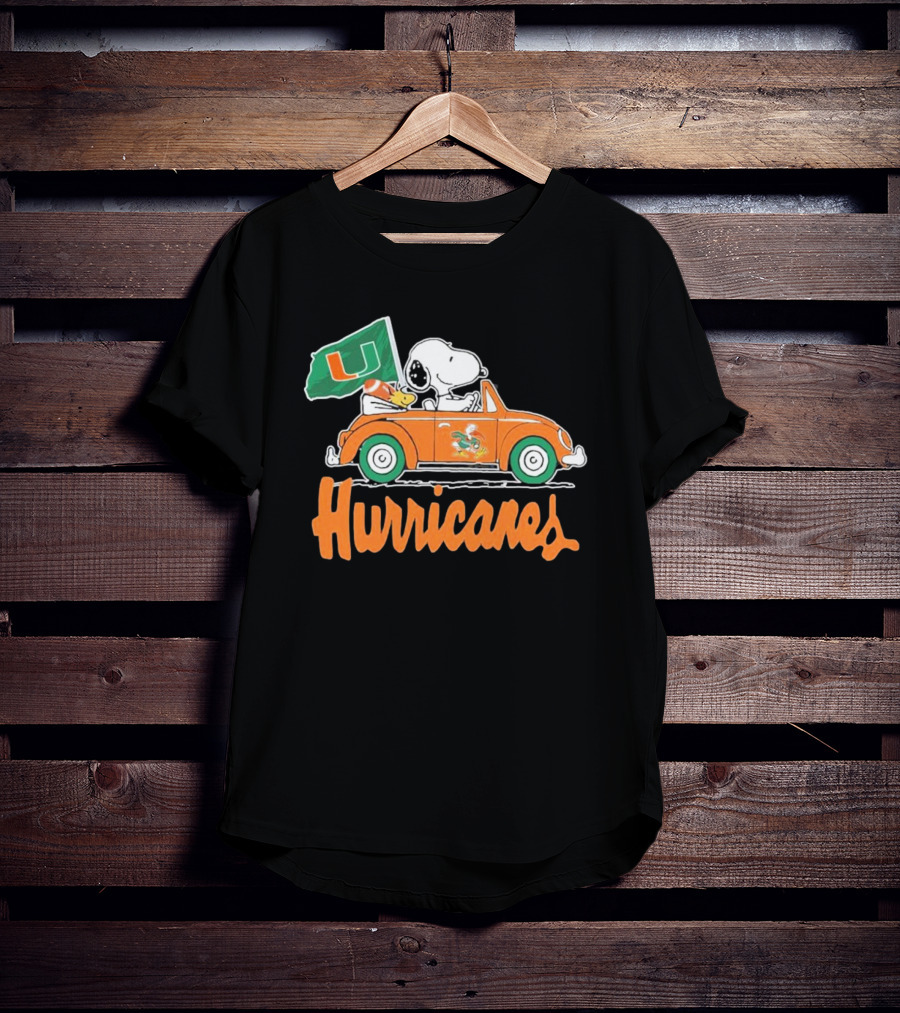 Peanuts Snoopy Woodstock Miami Hurricanes Car Driving With Flag T-Shirt