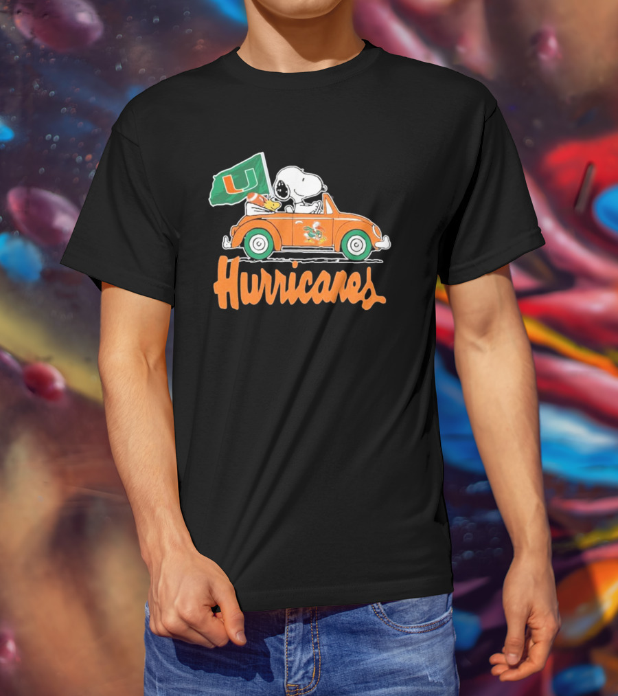 Peanuts Snoopy Woodstock Miami Hurricanes Car Driving With Flag T-Shirt