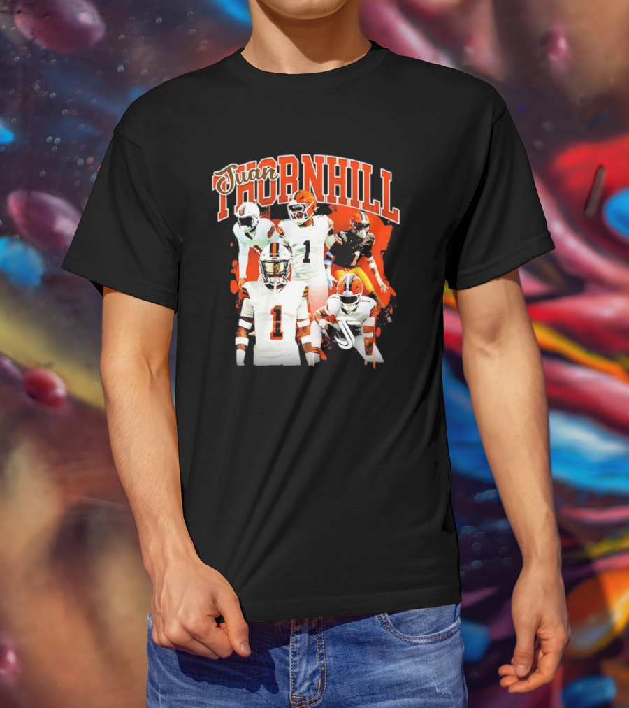 Juan Thornhill Football Player Orange And Black Action Collage T-Shirt