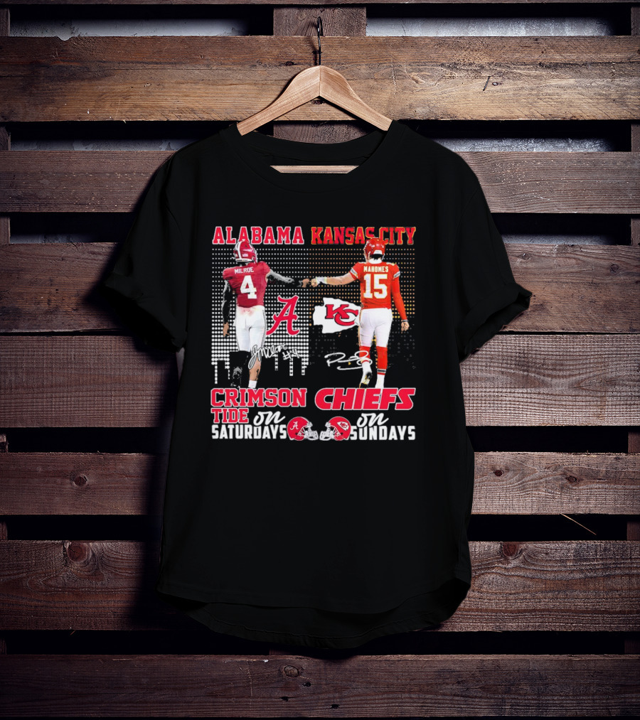 Alabama Crimson Tide Jalen Milroe Saturdays X Kansas City Chiefs Patrick Mahomes Sundays T-Shirt