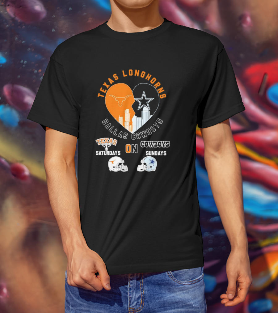 Texas Longhorns Dallas Cowboys Heart Skyline Saturdays Sundays Football Helmets T-Shirt