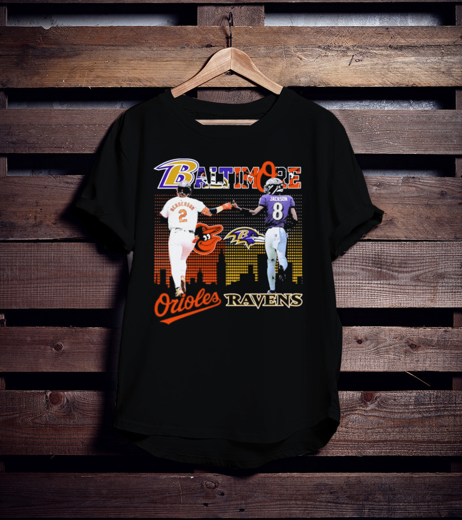 Baltimore Orioles Gunnar Henderson Baltimore Ravens Lamar Jackson City Skyline T-Shirt