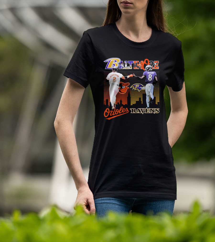 Baltimore Orioles Gunnar Henderson Baltimore Ravens Lamar Jackson City Skyline T-Shirt