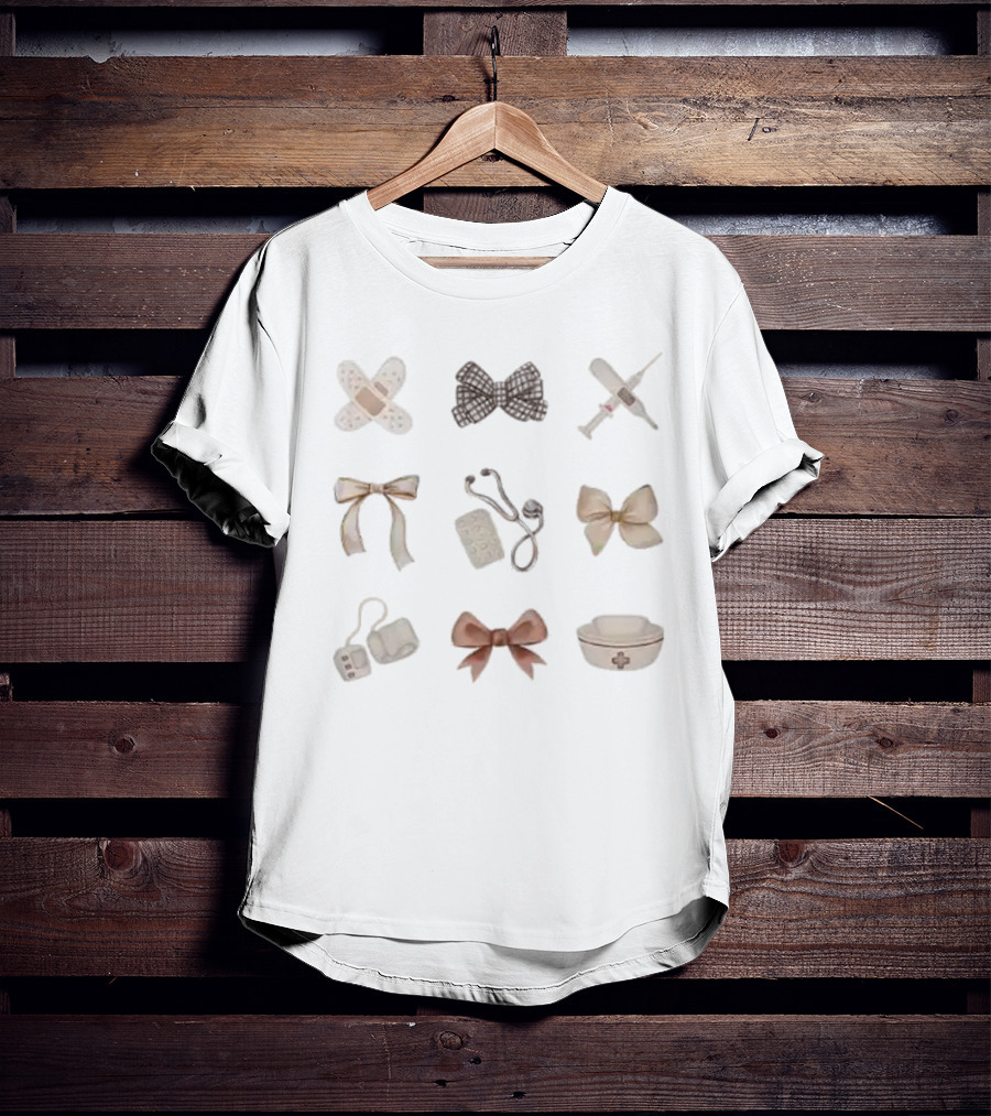 Fall Nurse Nursing Bandages Bows Syringe Pill Nurse Cap T-Shirt