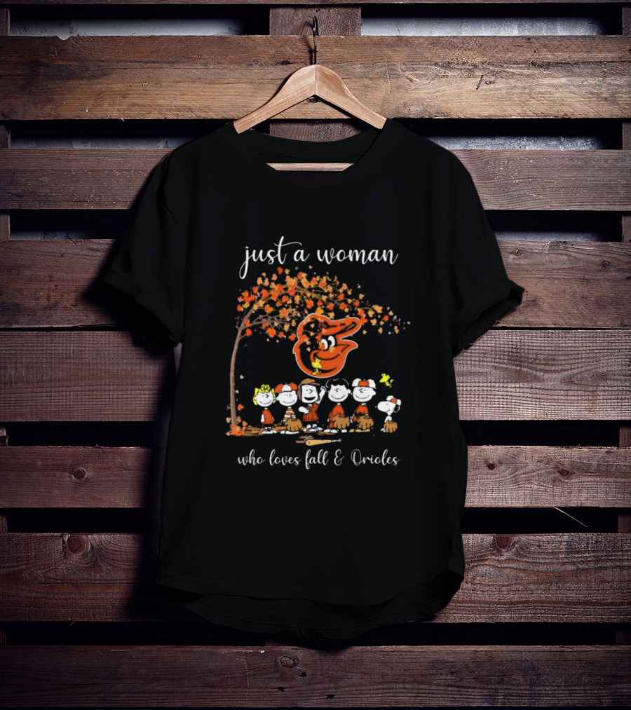 Peanuts Characters Just A Woman Who Loves Fall And Orioles T-Shirt