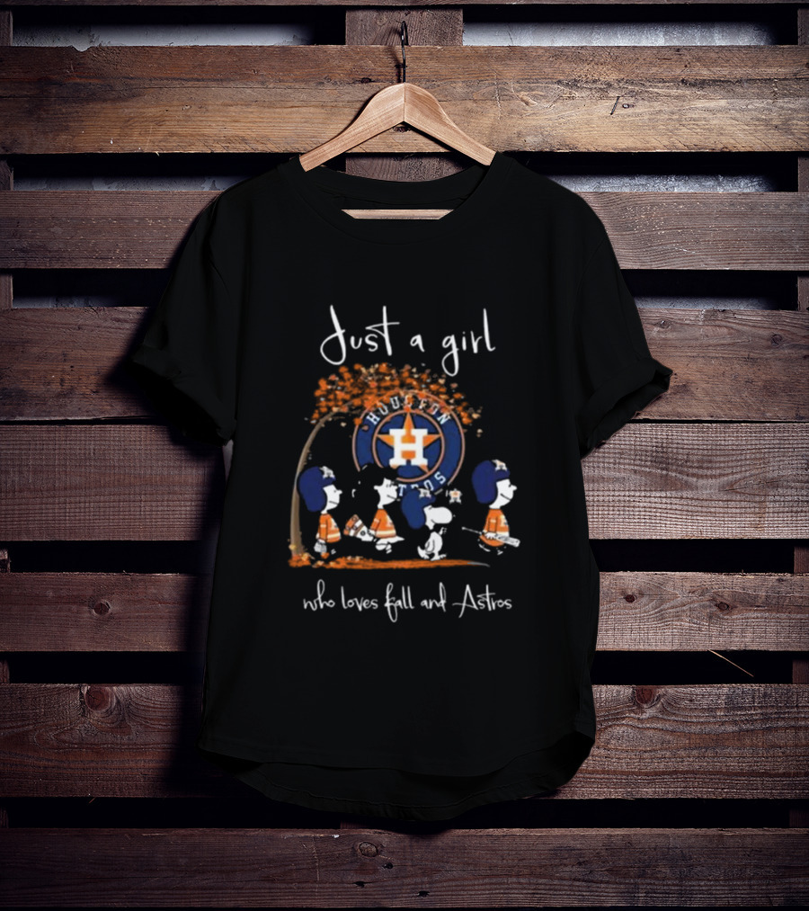 Just A Girl Who Loves Fall And Houston Astros With Peanuts Characters T-Shirt