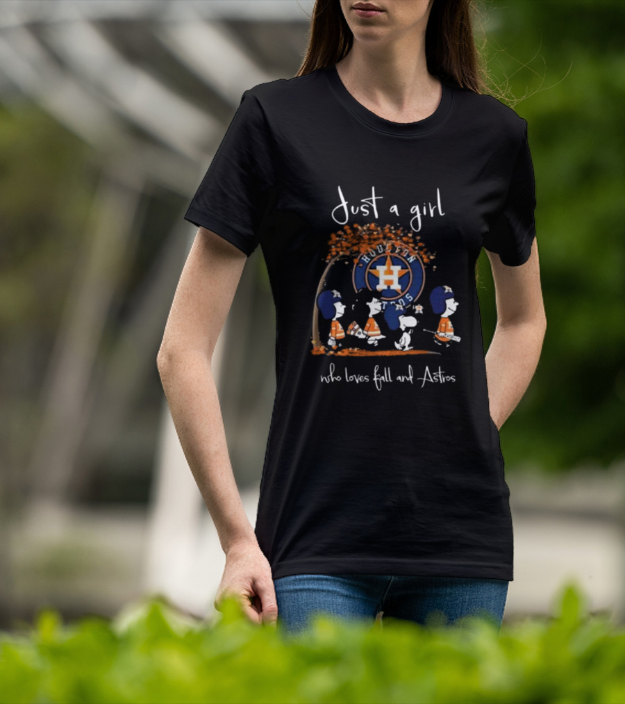 Just A Girl Who Loves Fall And Houston Astros With Peanuts Characters T-Shirt
