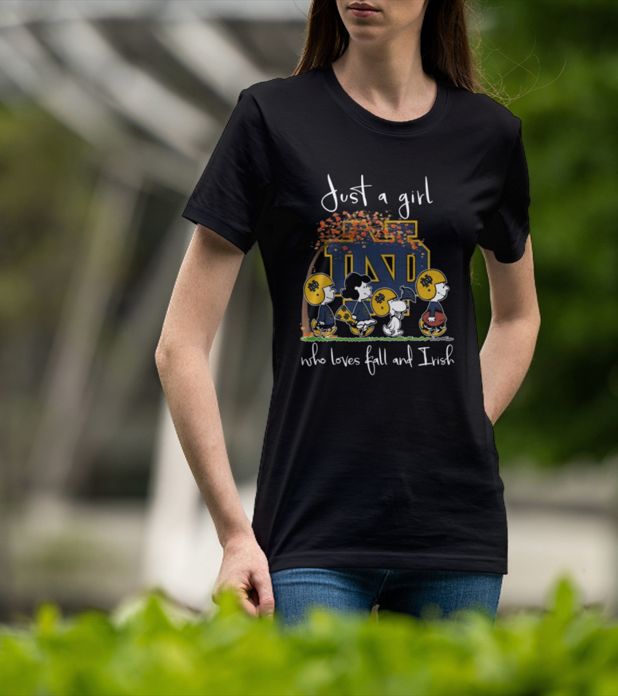Just A Girl Who Loves Fall And Irish Peanuts Characters Notre Dame Fighting Irish T-Shirt