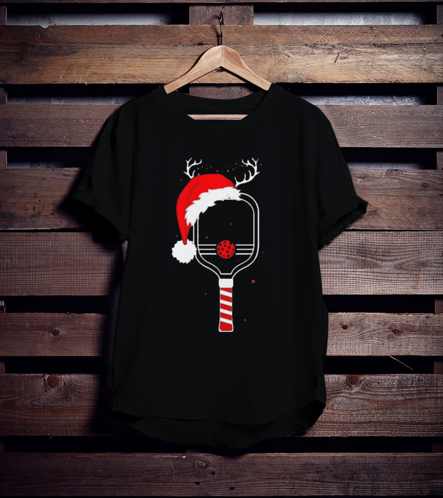 Pickleball Holiday Reindeer Santa Hat Christmas Paddle T-Shirt