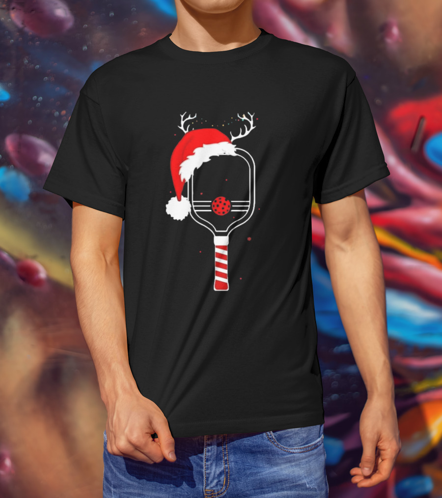 Pickleball Holiday Reindeer Santa Hat Christmas Paddle T-Shirt