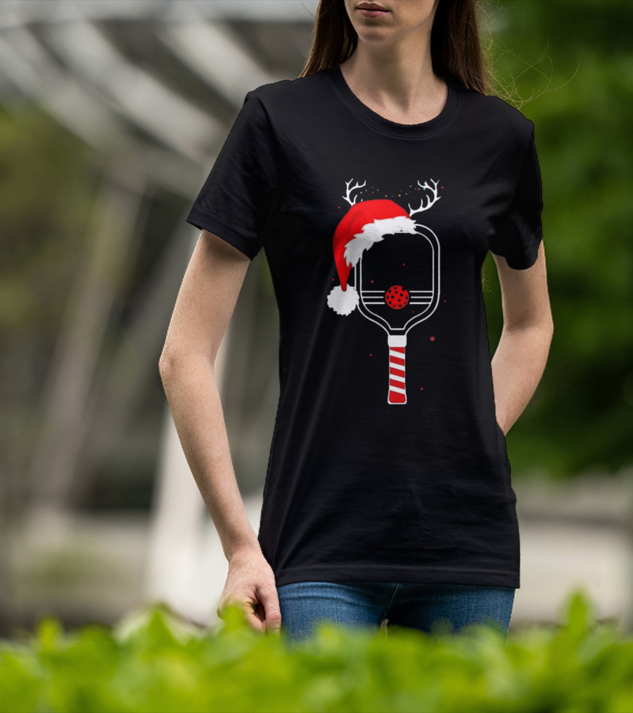 Pickleball Holiday Reindeer Santa Hat Christmas Paddle T-Shirt