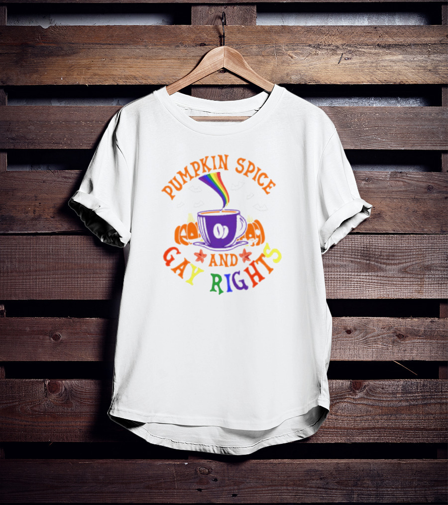 Pumpkin Spice And Gay Rights Rainbow Coffee Cup With Pumpkins And Bats T-Shirt