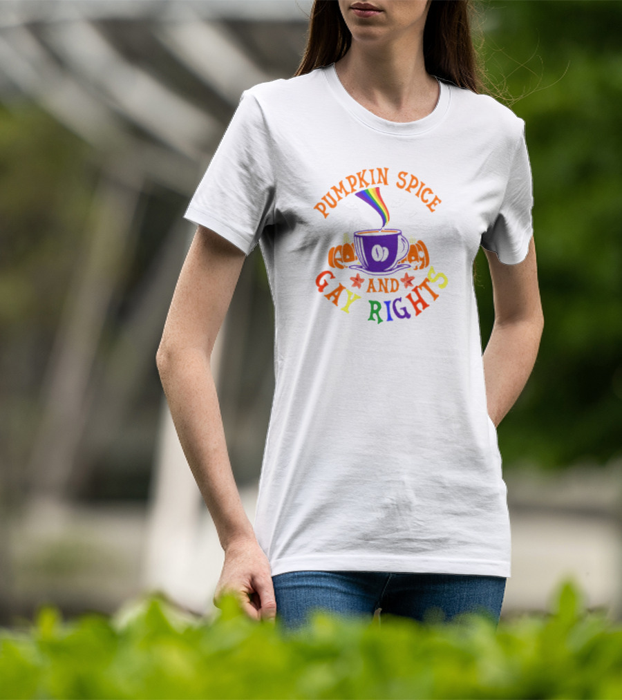 Pumpkin Spice And Gay Rights Rainbow Coffee Cup With Pumpkins And Bats T-Shirt