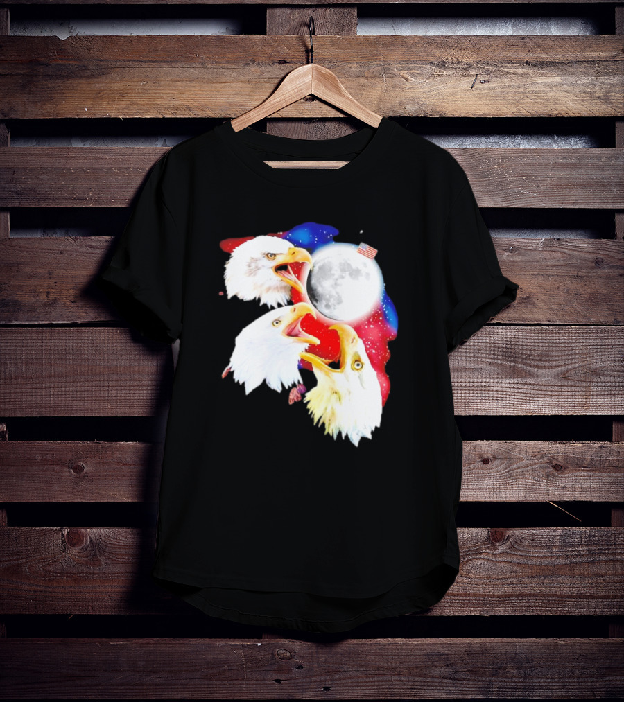 Three Eagles To The Moon American Flag Lunar Trio T-Shirt