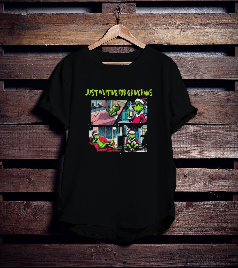 Just Waiting For Grinchmas Santa Grinch Cartoon Panels T-Shirt
