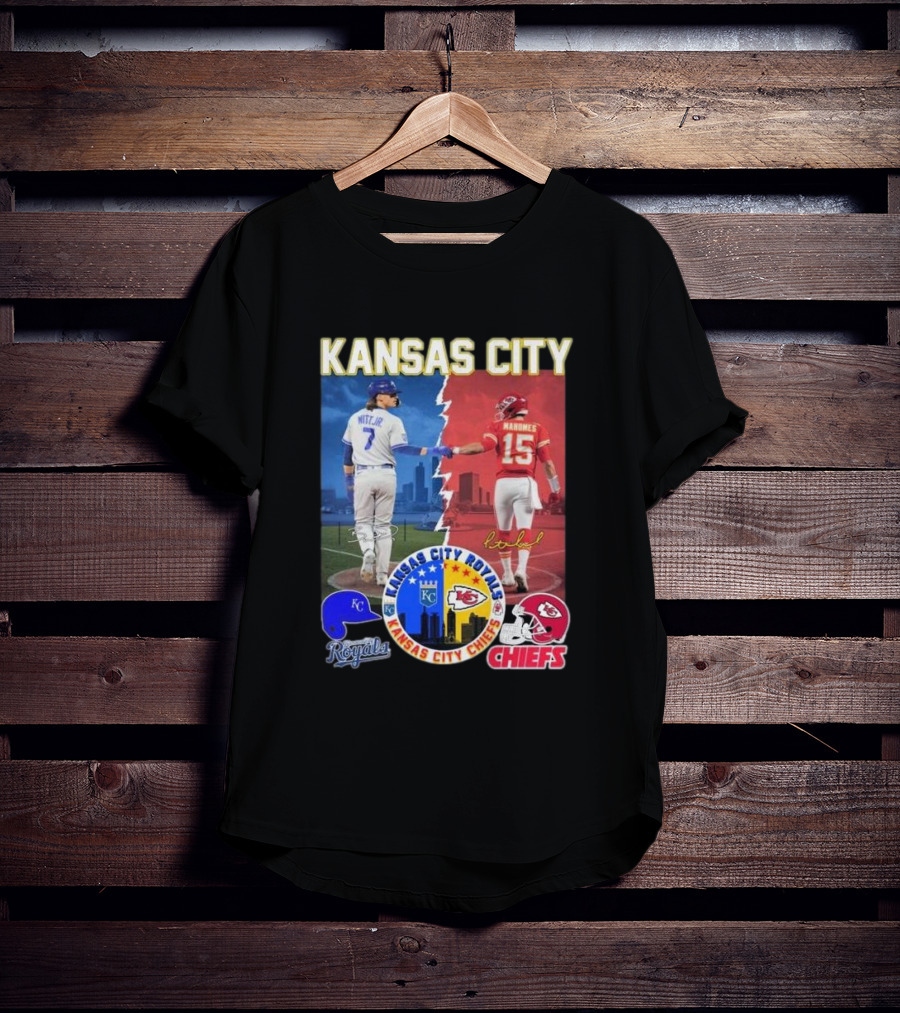Kansas City Royals Bobby Witt Jr And Chiefs Patrick Mahomes Skyline Logos And Signatures T-Shirt