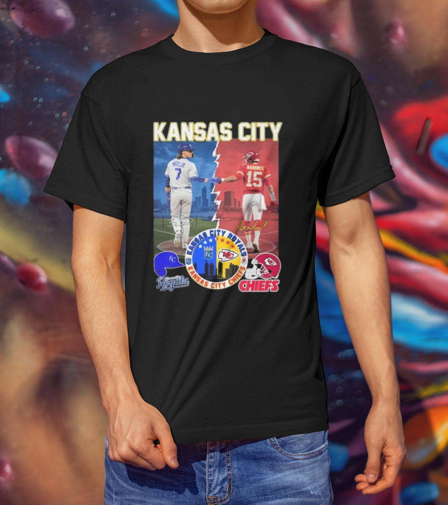 Kansas City Royals Bobby Witt Jr And Chiefs Patrick Mahomes Skyline Logos And Signatures T-Shirt
