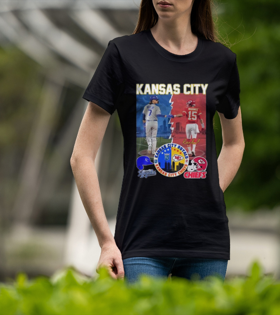Kansas City Royals Bobby Witt Jr And Chiefs Patrick Mahomes Skyline Logos And Signatures T-Shirt