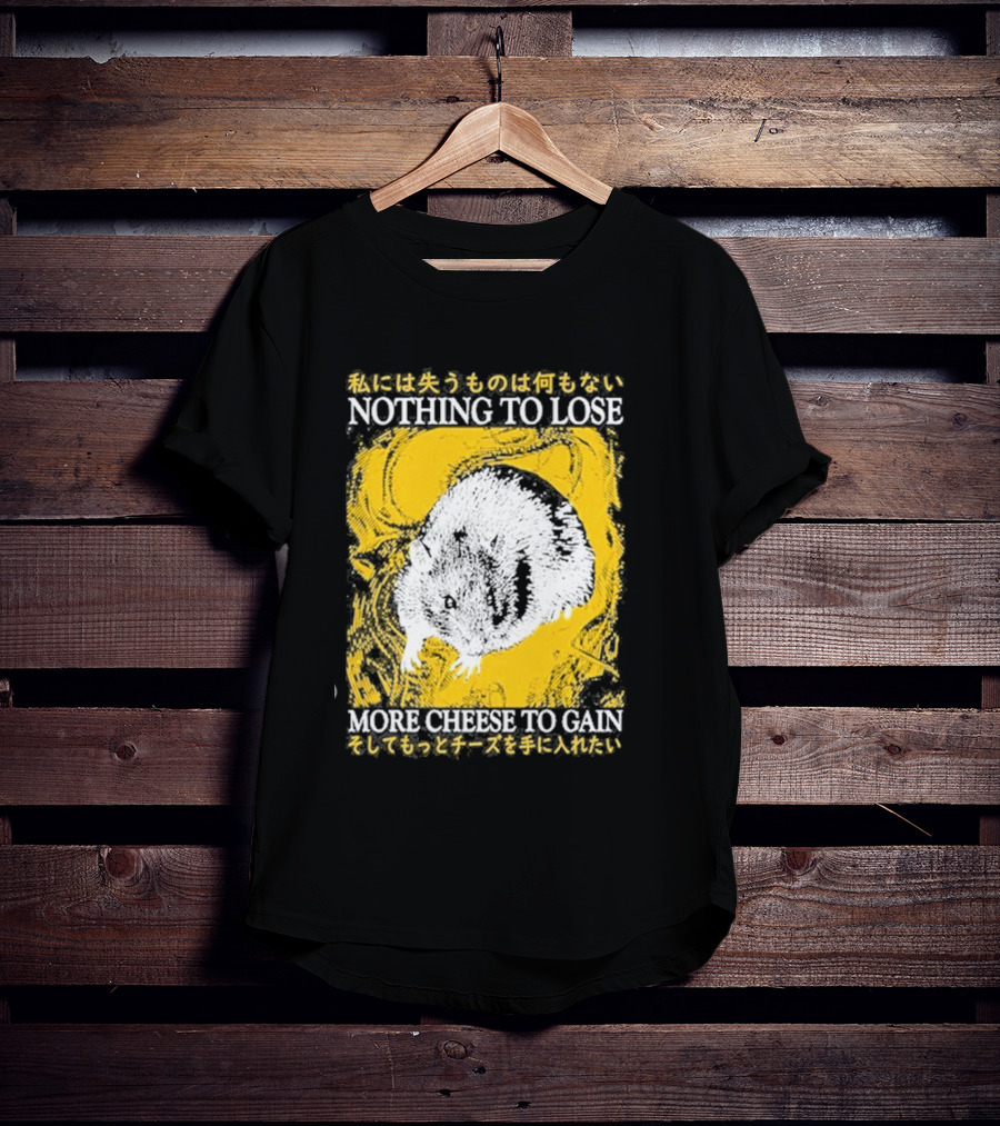 Nothing To Lose More Cheese To Gain Lukathemouse Yellow Background Japanese Text T-Shirt