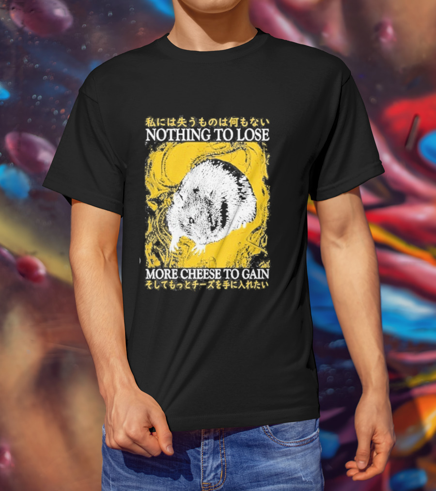 Nothing To Lose More Cheese To Gain Lukathemouse Yellow Background Japanese Text T-Shirt