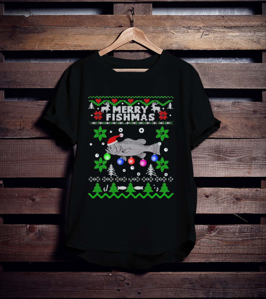 Merry Fishmas Large Mouth Bass Ugly Christmas Fishing Holiday T-Shirt