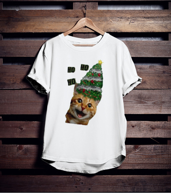 Cat With Christmas Tree Hat Ho Ho Ho Christmas T-Shirt