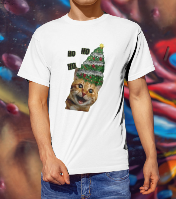 Cat With Christmas Tree Hat Ho Ho Ho Christmas T-Shirt