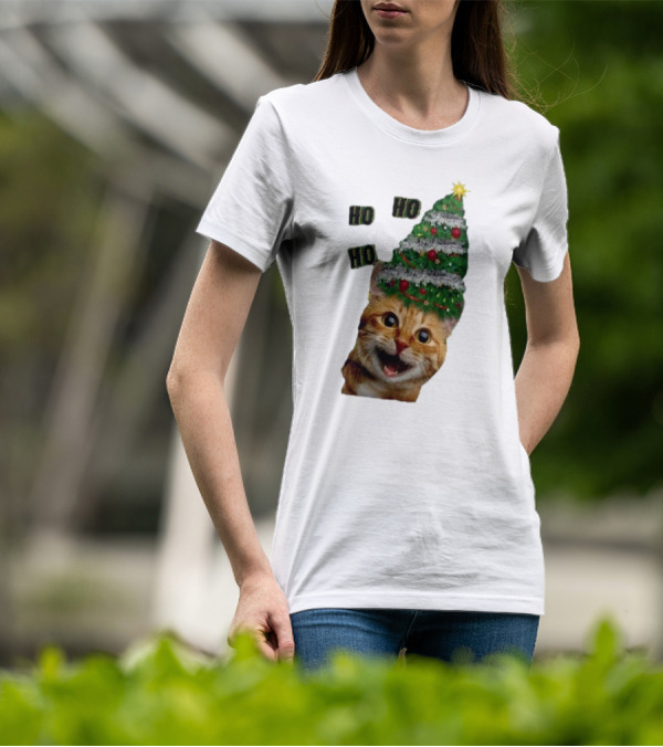 Cat With Christmas Tree Hat Ho Ho Ho Christmas T-Shirt